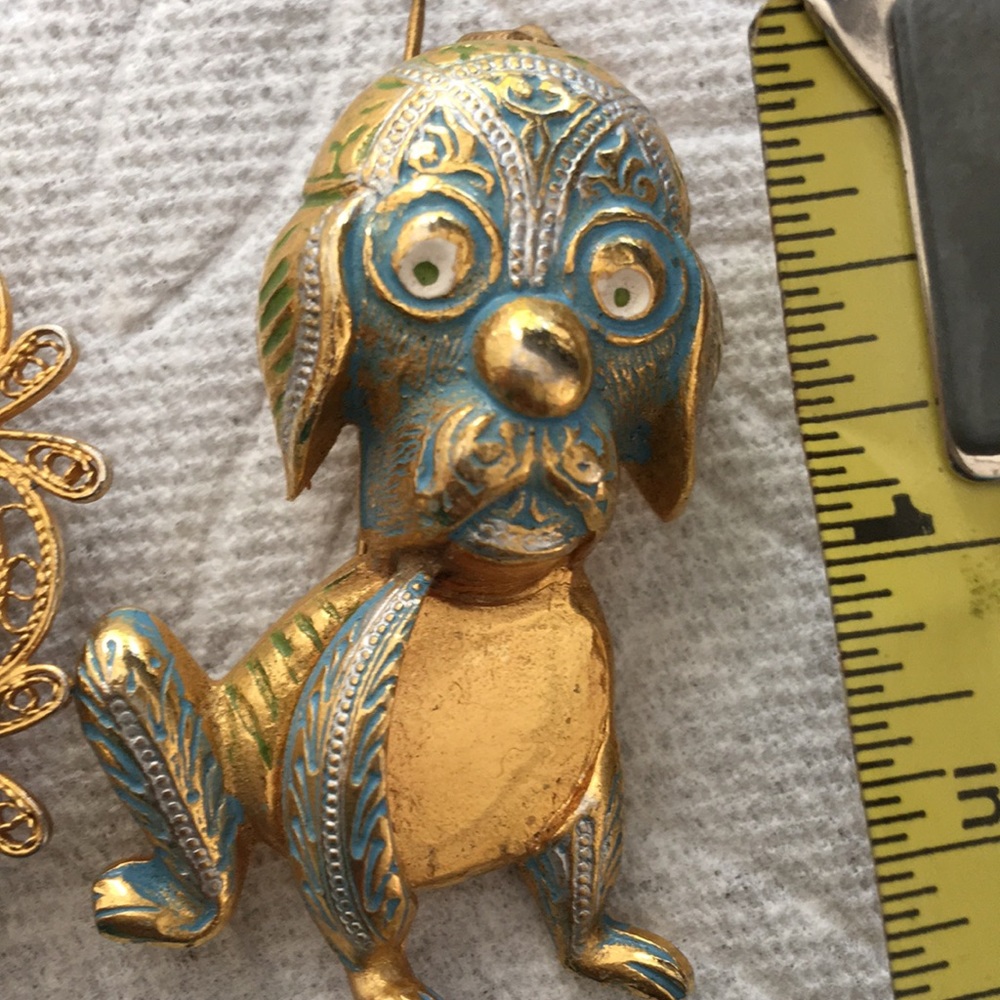 Spain Vintage TOLEDO WARE DOG PIN AND CHARM BROOCH ENGLAND